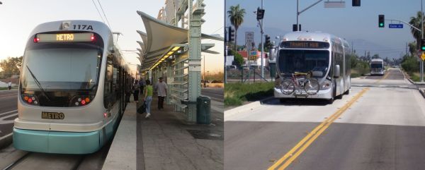 Phoenix light rail transit (LRT, left); Los Angeles Orange Line "bus rapid transit" (BRT, right). Photos: L. Henry.