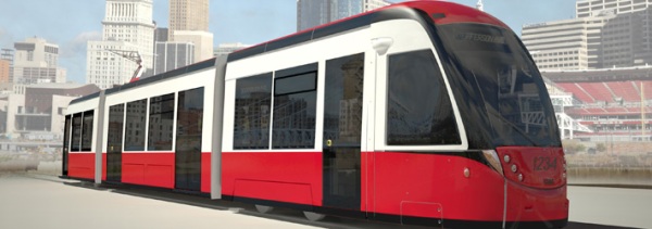 Another simulation view of the CAF streetcar on order for Cincinnati. Graphic: CincyStreetcar blog.
