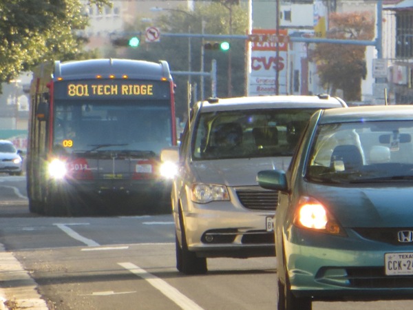 Austin's MetroRapid "BRT" systems runs in mixed traffic, and has become the object of local ridicule. Photo: L. Henry.