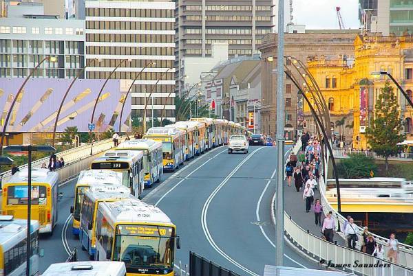 Massive bus traffic jam in Brisbane, Australia illustrate problem of fitting "BRT" into a high-capacity application. Photo: James Saunders.