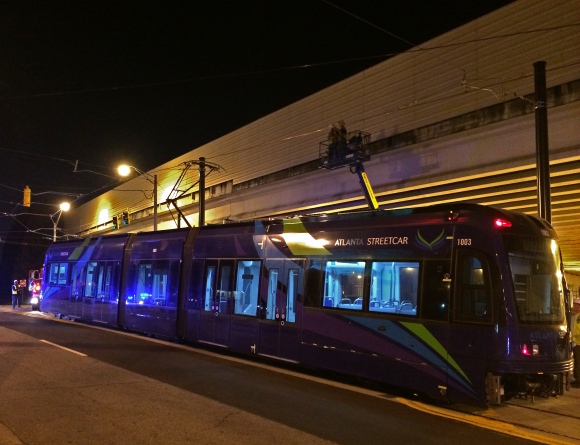 First Siemens streetcar being readied for testing in the dead of night to minimize traffic disruption. Photo via Atlanta Curbed website.