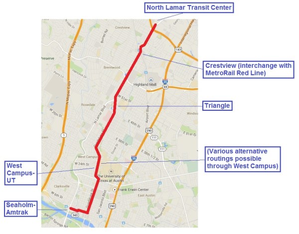 Plan B LRT line would stretch 6.8 miles from a major transit center on the north to the CBD, with a branch west to the Seaholm-Amtrak development site. Map: Austin Rail Now.