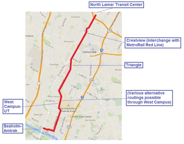 Plan B LRT line would stretch 6.8 miles from a major transit center on the north to the CBD, with a branch west to the Seaholm-Amtrak development site. Map: Austin Rail Now.