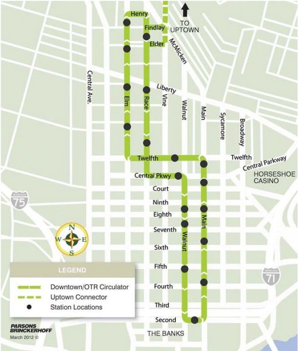 Map of Cincinnati's Phase 1 streetcar project, the first phase of hopefully a much larger urban rail system for the city. Map: City of Cincinnati.
