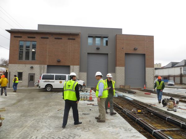 Carbarn main building and portion of streetcar storage yard under construction. Photo: L. Henry.