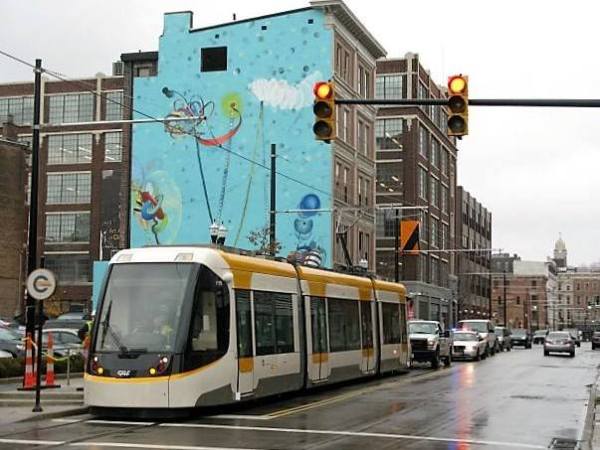 Cincinnati streetcar, provided by CAF, under live power testing in 2015. Photo via Dilemma-X.